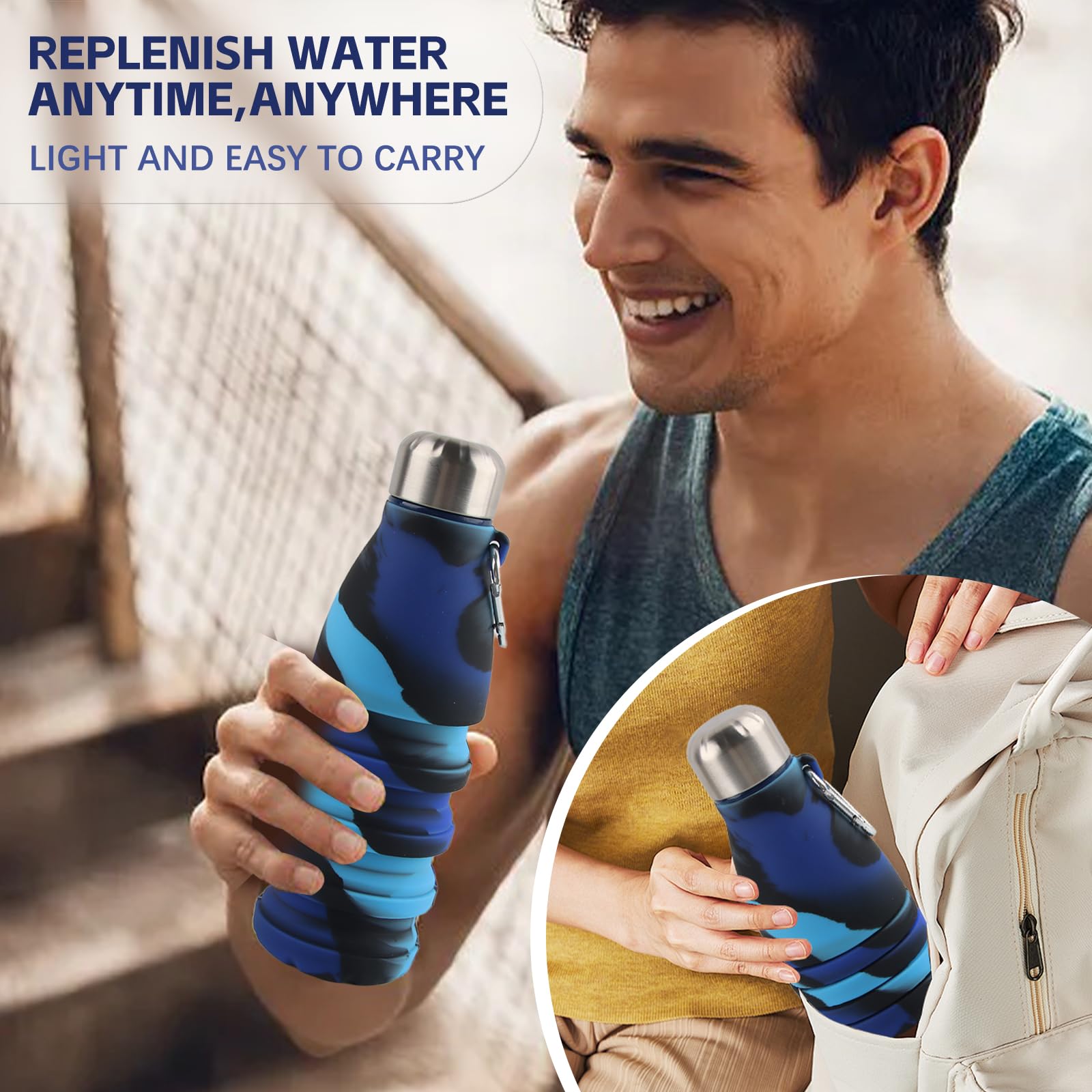 Borraccia Pieghevole In Silicone Da 500 Ml, Blu Scuro, Senza BPA, A Prova Di Perdite, Con Moschettone, Per Viaggi, Palestra, Campeggio