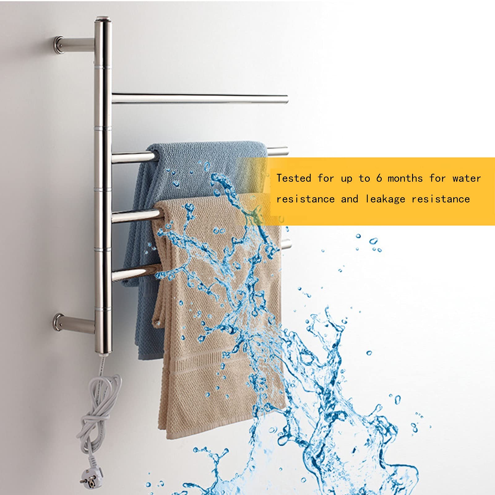 Scaldasalviette Elettrico A 4 Barre per Bagno, Scaldasalviette Girevole Portatile da Parete, Scaldasalviette in Acciaio Inox 304, A Risparmio Energetico, 51 W, Cablato