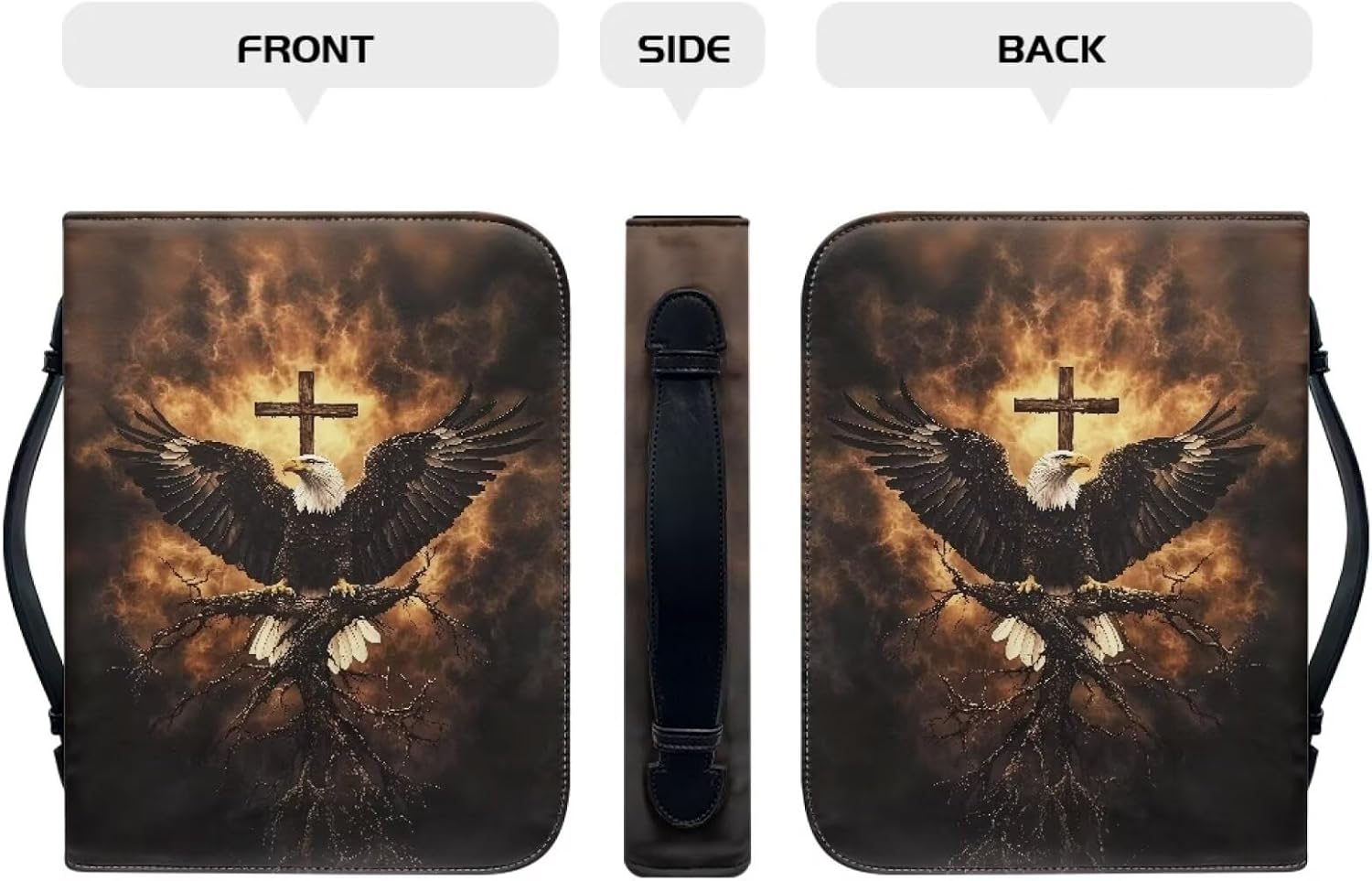 Leather Bible Case for Men Woman, Bible Cover with Handle&Zipper, Waterproof Bible Bags, Bald Eagle and Cross Print PU Leather Bible Accessories, Christian Bible Gifts