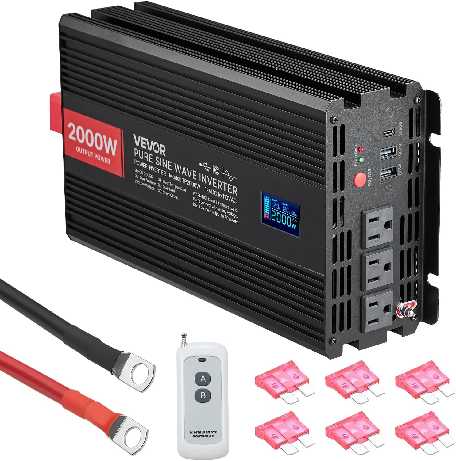 VEVOR Pure Sine Wave Inverter, 2000 Watt, DC 12V to AC 120V Power Inverter with 2 AC Outlets 2 USB Port 1 Type-C Port, LCD Display and Remote Controller for Medium-Sized Household Equipment, CE FCC