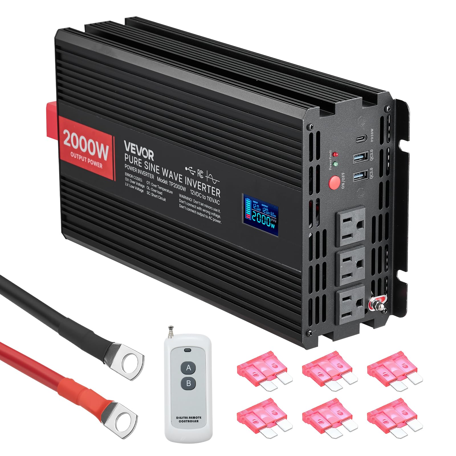 VEVOR Pure Sine Wave Inverter, 2000 Watt, DC 12V to AC 120V Power Inverter with 2 AC Outlets 2 USB Port 1 Type-C Port, LCD Display and Remote Controller for Medium-Sized Household Equipment, CE FCC
