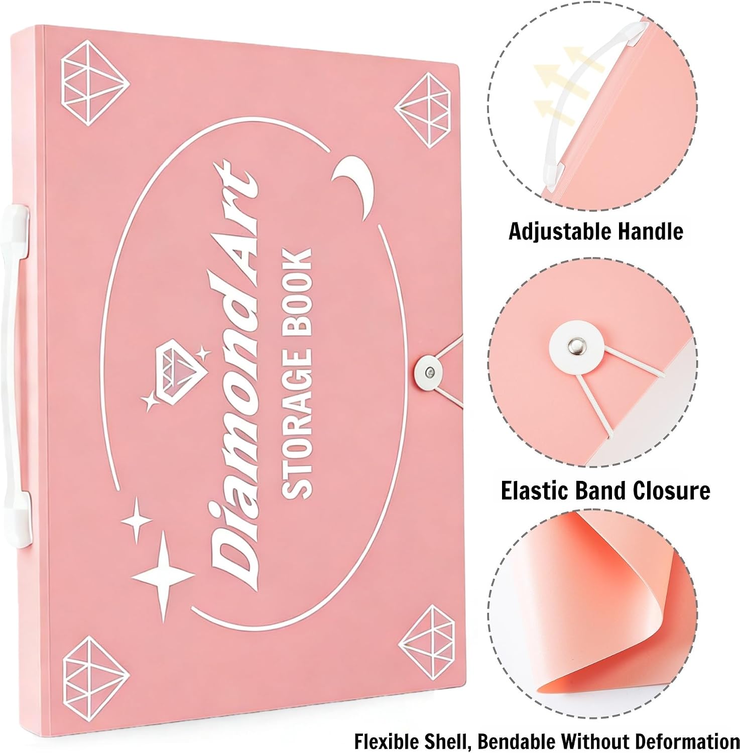 4K Diamond Art Storage Book with Handle, 30 Slots Waterproof Diamond Painting Portfolio Organizer (Pink)