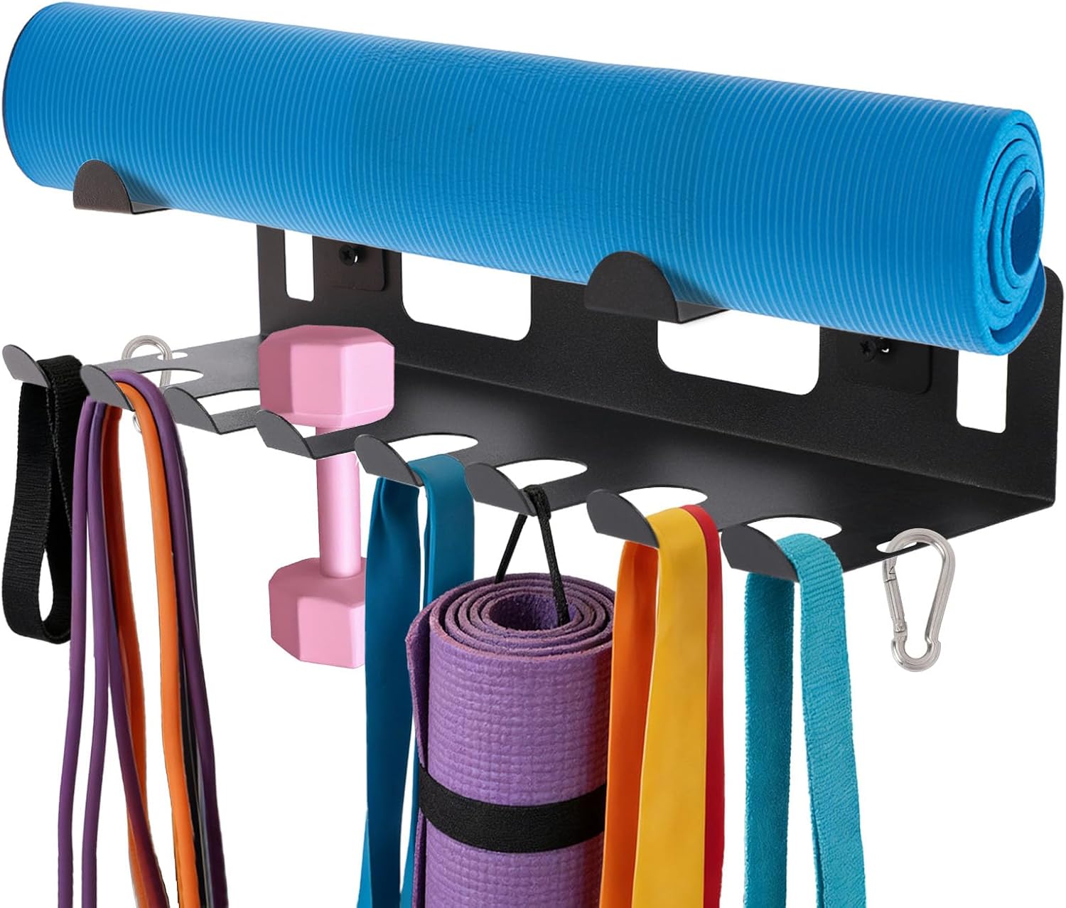 Multi-Purpose Gym Equipment Storage Rack, Heavy Duty Wall Mount Home Gym Organization with Carabiner for Resistance Bands Yoga Mat Jump Ropes Weight Belts Straps
