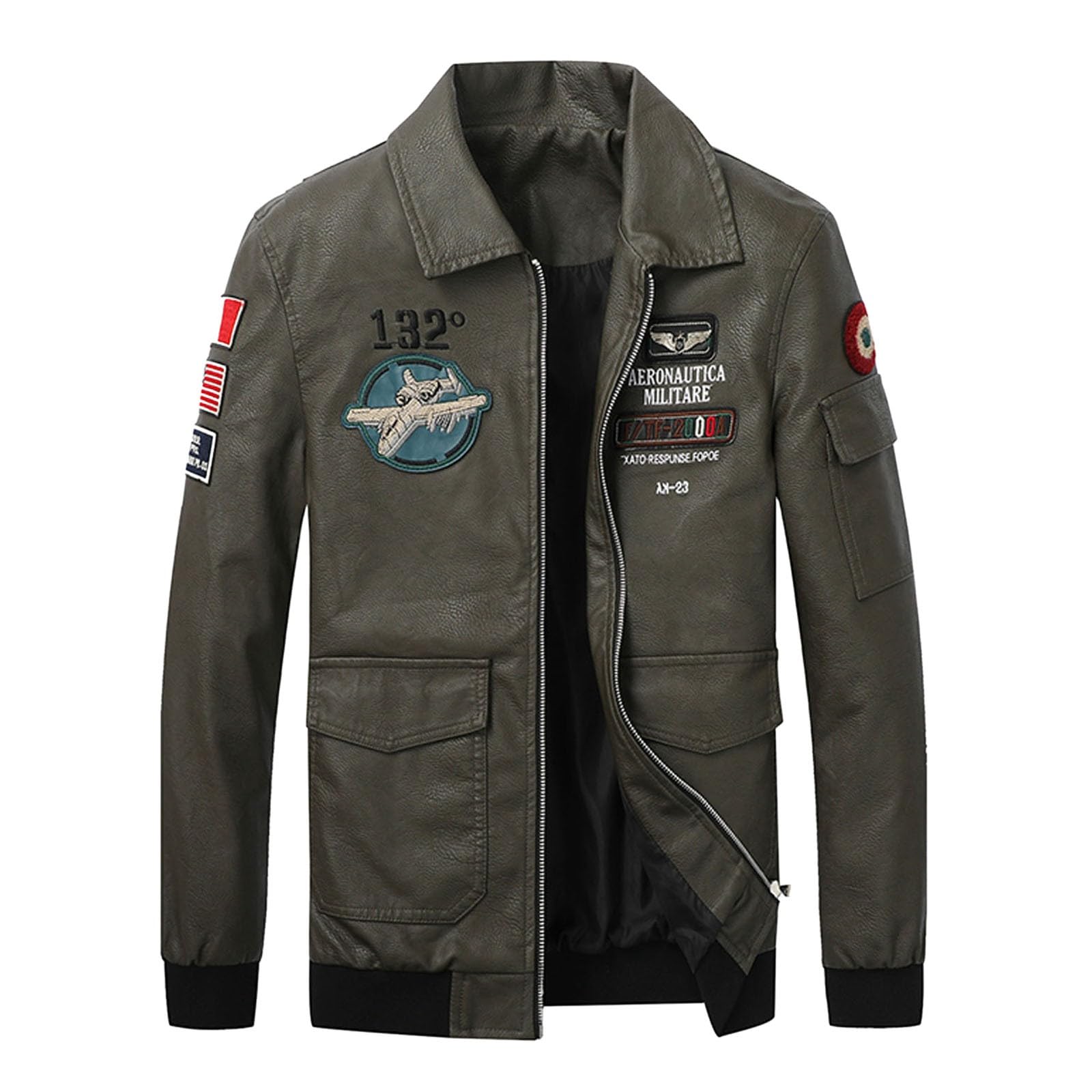 Generisch Giacca in pelle da uomo calda giacca invernale da pilota con distintivo aviatore, giacca softshell bomber stile militare, giacca da aviatore, giacca in pelle sintetica
