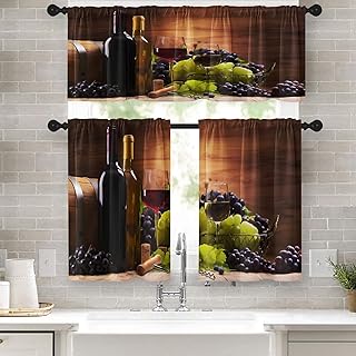 Red Wine Kitchen Window Curtains Valance and Tier Set, Grapes Glasses Wooden Vintage Rod Pocket Short Tier Curtain, Retro Small Cafe Drapes for Kitchen Decor 52