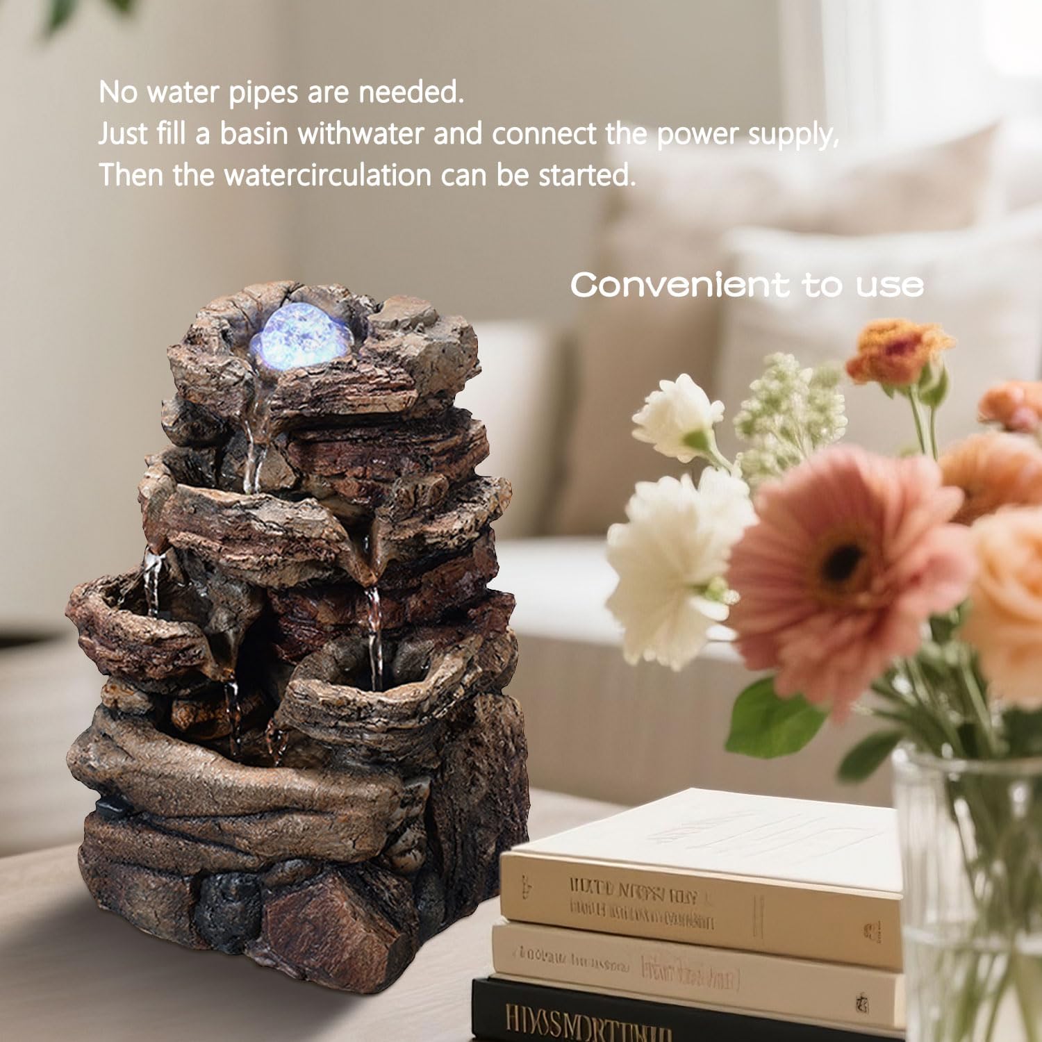 Tabletop Waterfall Fountain with Glass Ball and Color Changing LED – Indoor Decorative Waterfall for Home & Office, Resin Natural Imitation Design（23064）