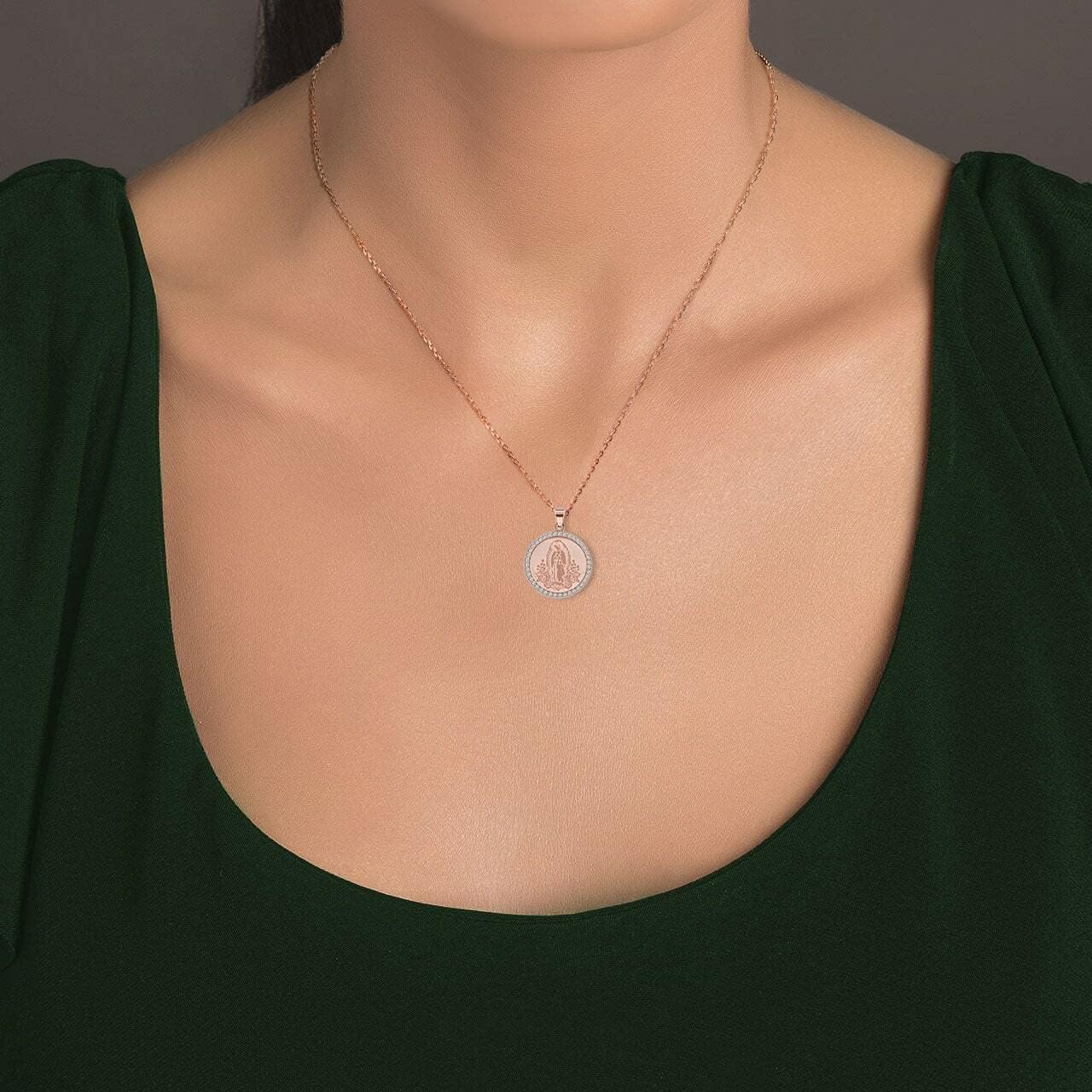 14K Yellow, White, or Rose Gold Diamond-Accented Our Lady of Guadalupe Miraculous Immaculate Conception Catholic Round Pendant Necklace - Choice of Chain Length