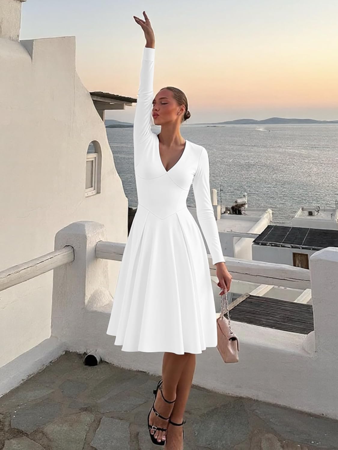 Kaximil Women's Long Sleeve V Neck A Line Elegant Midi Dress Ruffle Flowy Wedding Guest Party Cocktail Dresses - Image 5