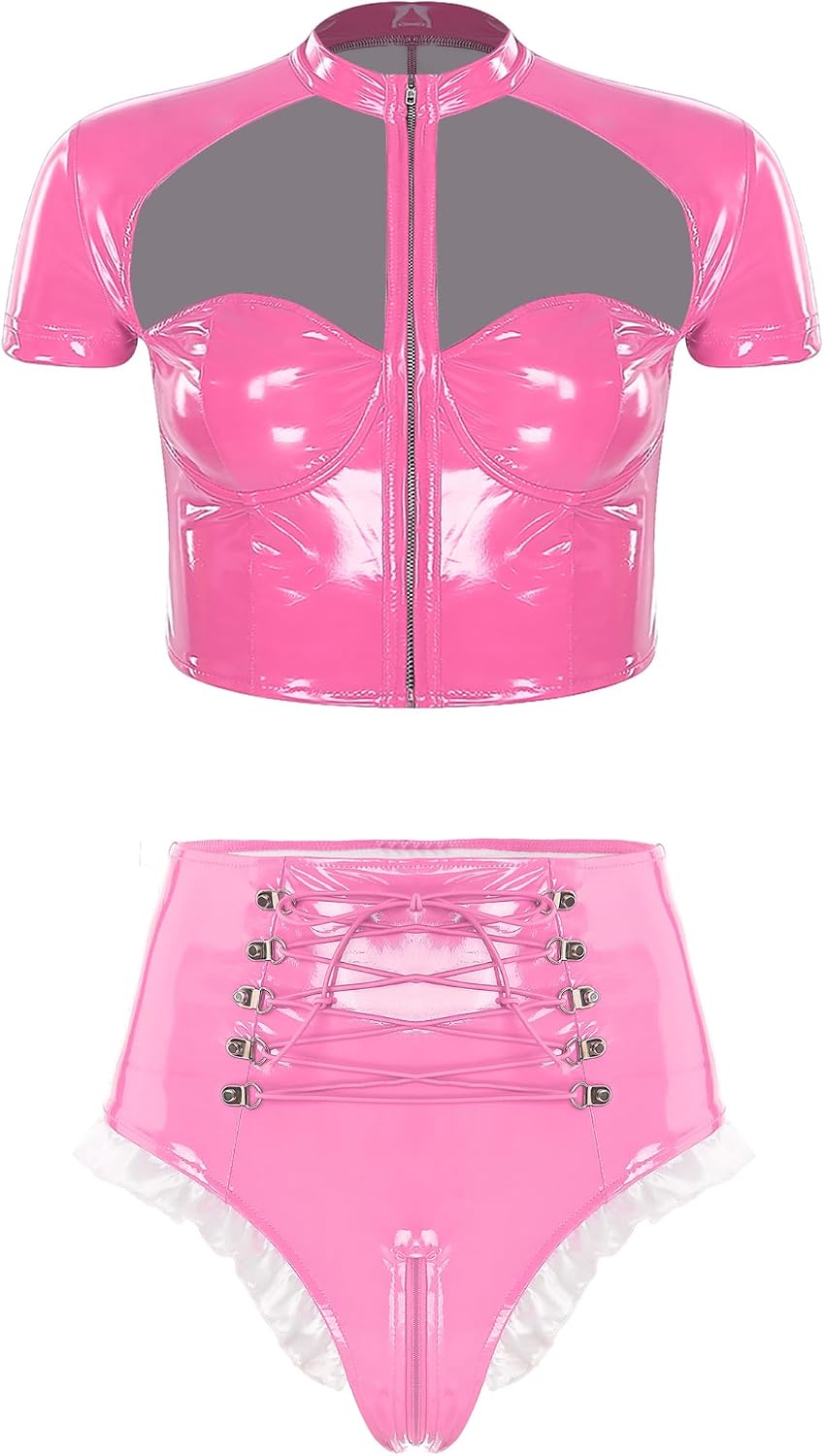 Lejafay Women Crop Top and Panty Set Zipper Tops Panties Set Night Club Patent Leather Rave Outfits