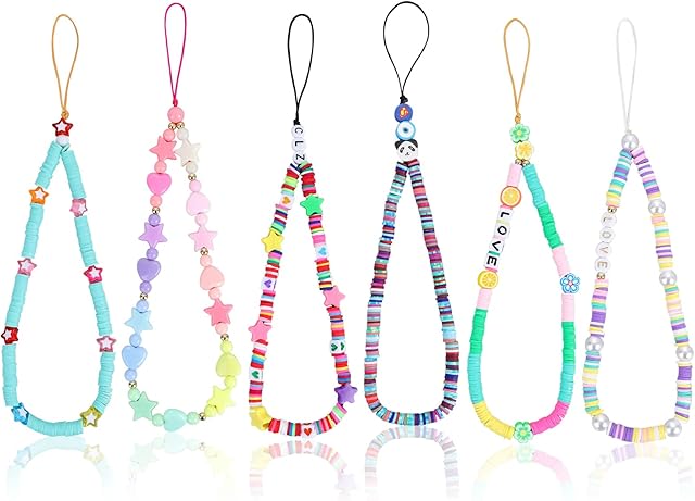 Sibba 6 Pieces Beaded Phone Charm Mobile Lanyard Anti-Lost Key Chain Wristlet Bracelet Rainbow Smiling Face Fruit Star Letters Wrist Strap