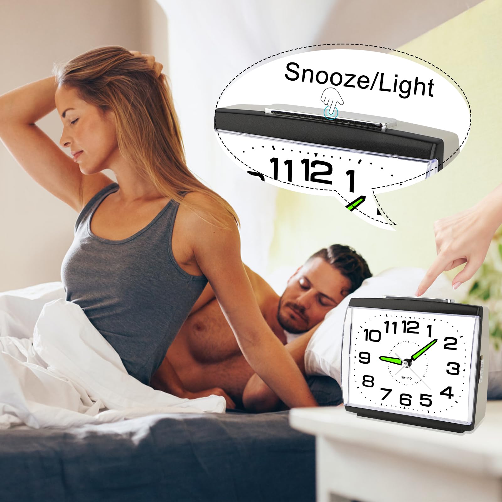 Reloj Despertador Analógico Silencioso Sin Tictac,Reloj de Mesita de Noche con Luz,Snooze y Gran Esfera,Despertador Clásico con Pilas para Dormitorio y Mayores Regalo