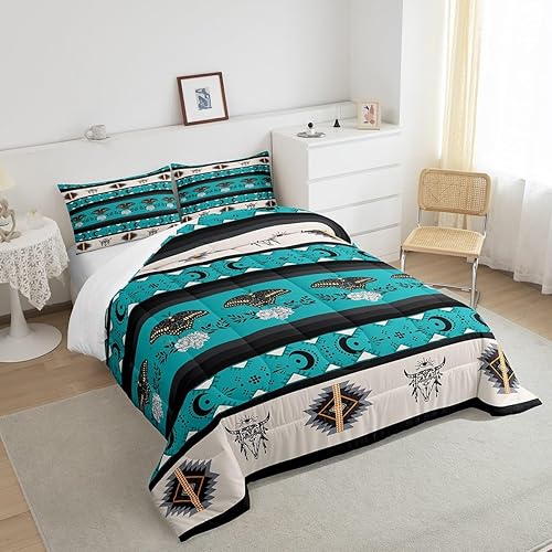 Miniatura 4 de Erosebridal Juego de edredón Queen de polilla exótica, edredón de calavera de toro para niños y niñas, juego de ropa de cama bohemio occidental con