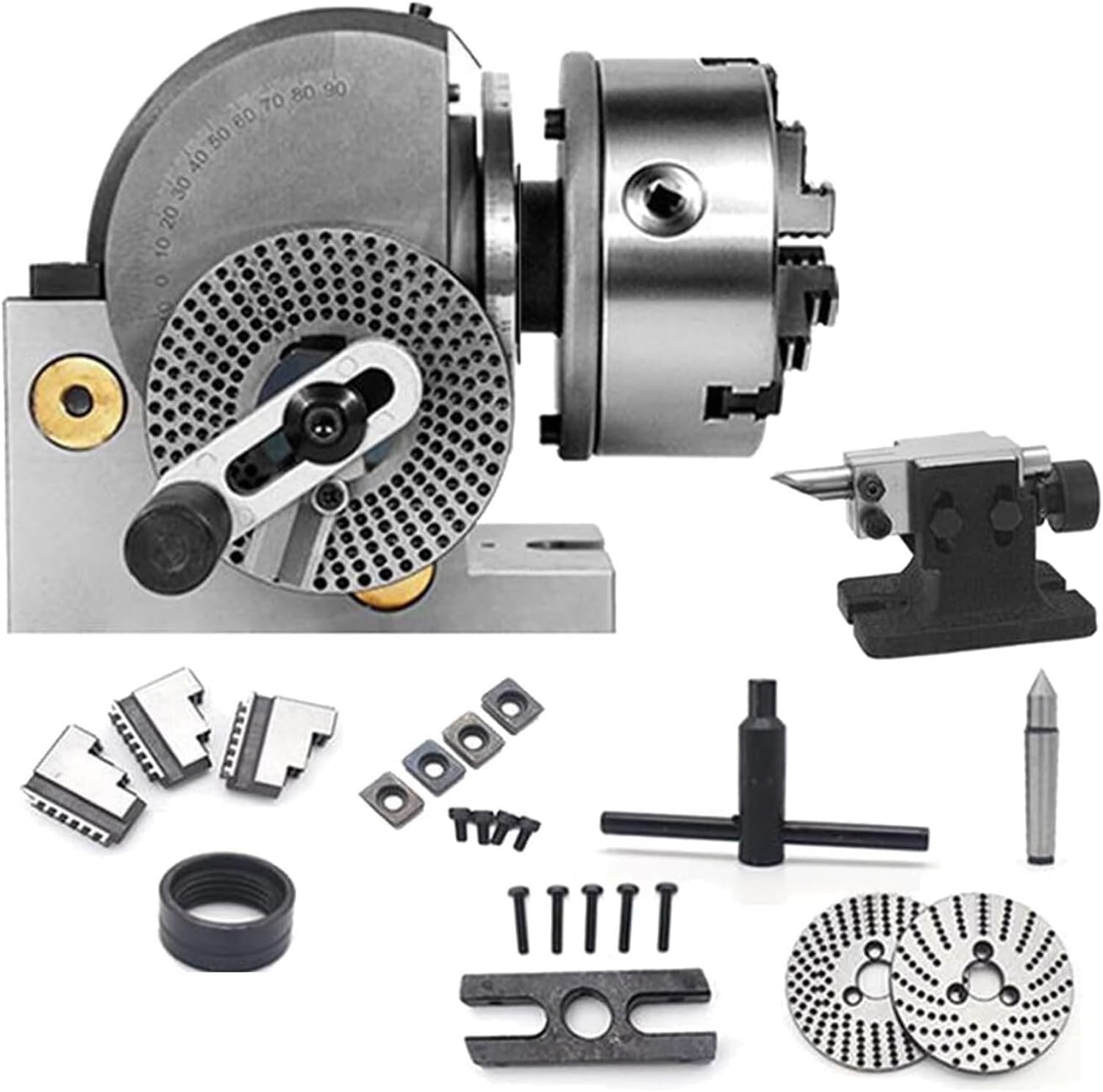 Dividing Head Set, Dividing Head With 4" 3-jaw Chuck+Tailstock+Dividing Plates, For Milling Grinding Drilling Machine