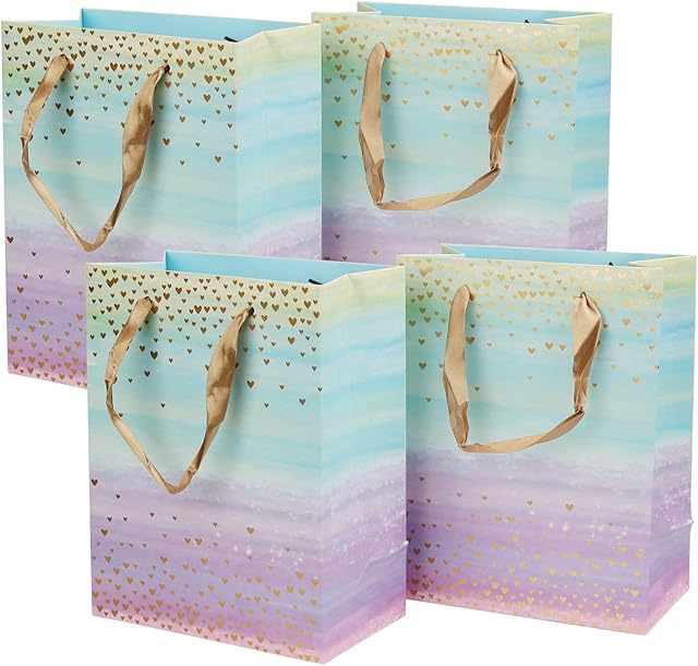 Gift Bags,4 Pcs Coloful Little Heart Pattern Gift Bag with Ribbon Handles DIY Paper Gift Bags for Presents, Parties, Shopping, Parties,Wedding, Baby Shower (23x 18x 10 cm)