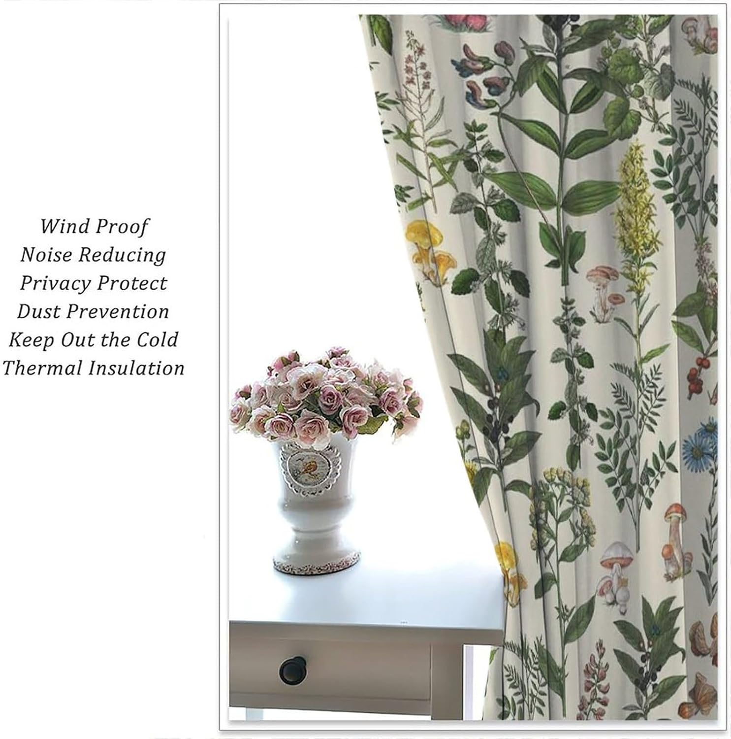 Vintage Botanical Curtains,Herbs Mushroom Green Leaf Ferns Plants Boho Retro Wildflower Country Rustic Farmhouse Window Treatment for Kitchen Living Room Bedroom,42x45 Inch Decor