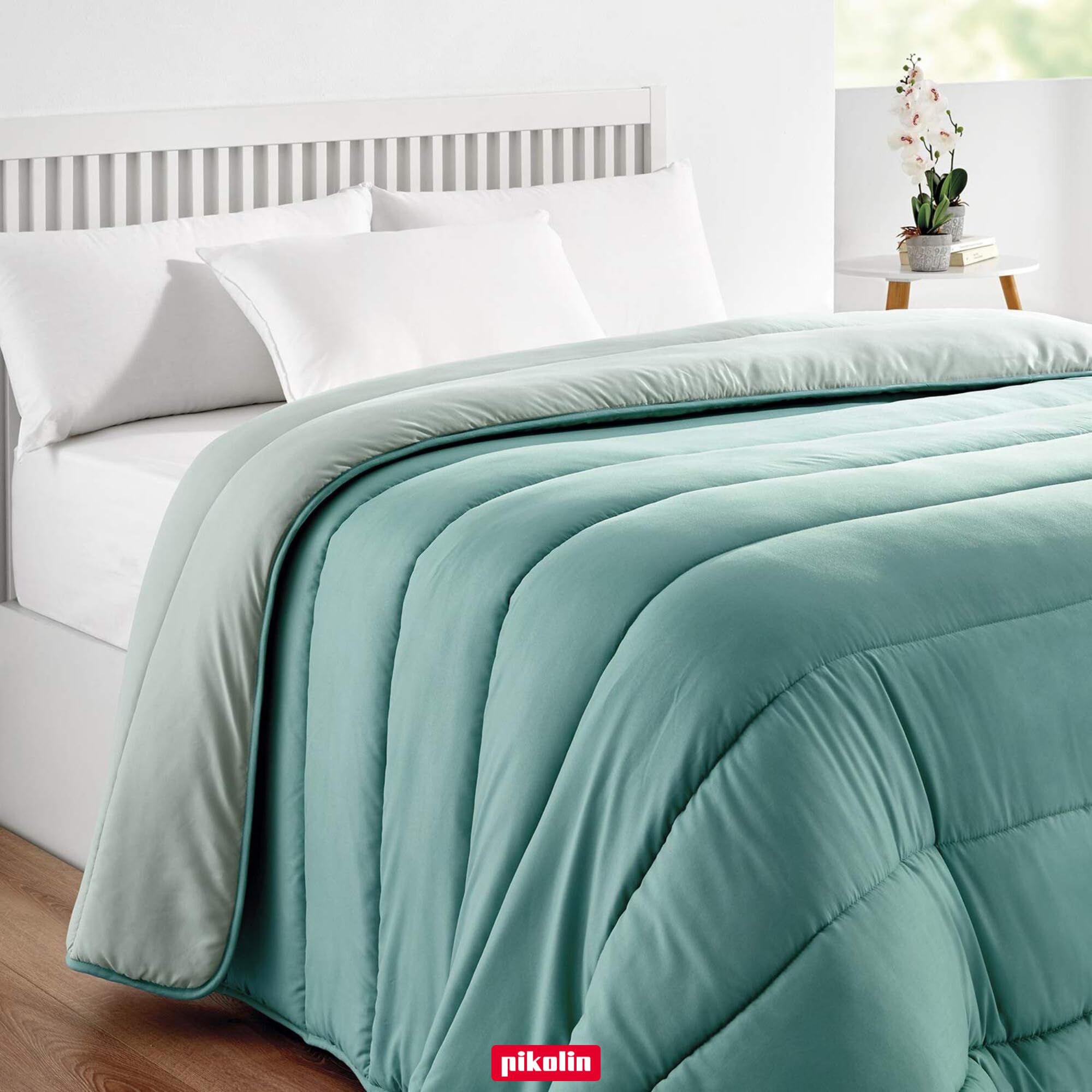 PIKOLIN Piumino Singolo Autunno Inverno 180 x 220 cm Effetto Piuma 300 gr - Piumone Caldo, Morbido, Traspirante e Reversibile - Bicolore Verde