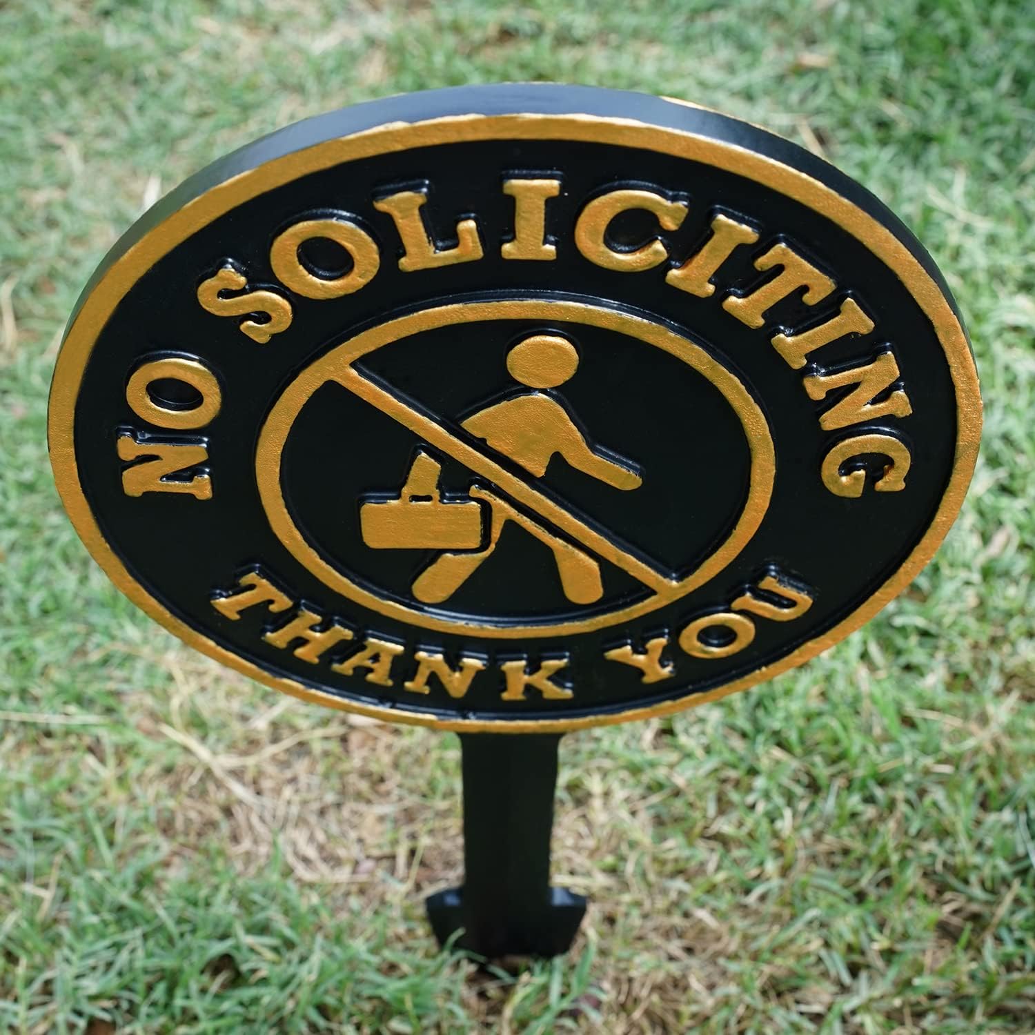 SmartSign No Soliciting Thank You Yard Sign for Lawn/Outdoor - Single-Sided, 17 x 7.5 inch, 375 mil Thick Rustproof Cast Aluminum Metal Plaque, Black and Gold