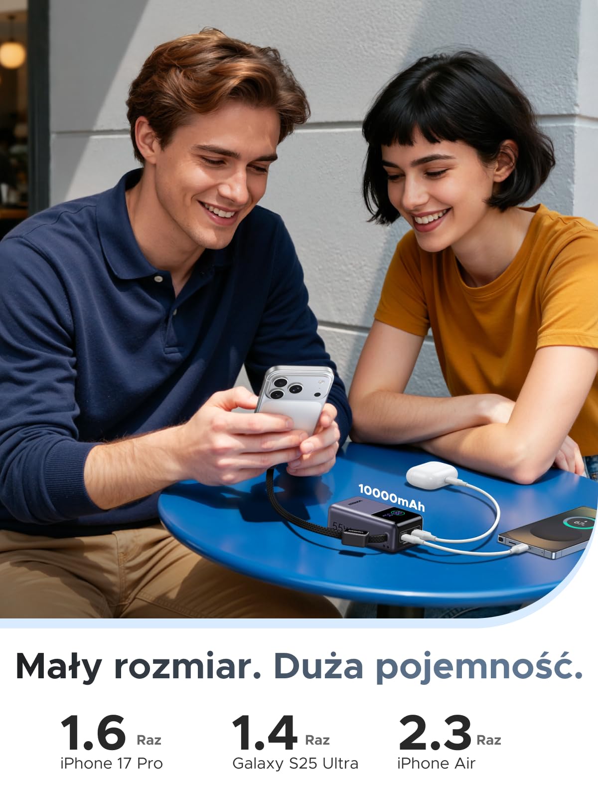 Power bank UGREEN 55W, 10000mAh z wbudowanym kablem, HyperCharge dla Xiaomi, szybkie ładowanie PD 45W, kompatybilny z iPhone'em 17/16/15, szary