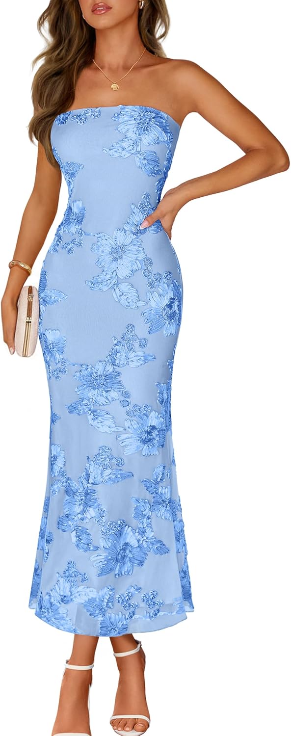 MEROKEETY Women's Strapless Floral Maxi Dress 2026 Summer Off Shoulder Bodycon Wedding Guest Cocktail Party Long Dress