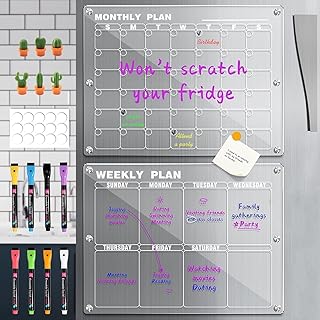 Acrylic Magnetic Fridge Calendar 2 Set - 16"x12" Clear Dry Erase Calendar Monthly & Weekly Planner Board for Refrigerator with 8 Markers/6 Magnet