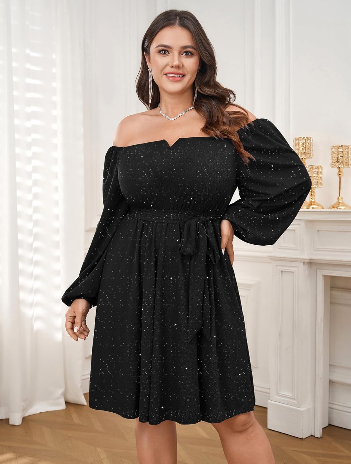 SCOMCHIC Plus Size Womens Sequin Glitter Mini Dress Off Shoulder Long Sleeve A-Line Club Cocktail Party Dresses with Belt - Image 5