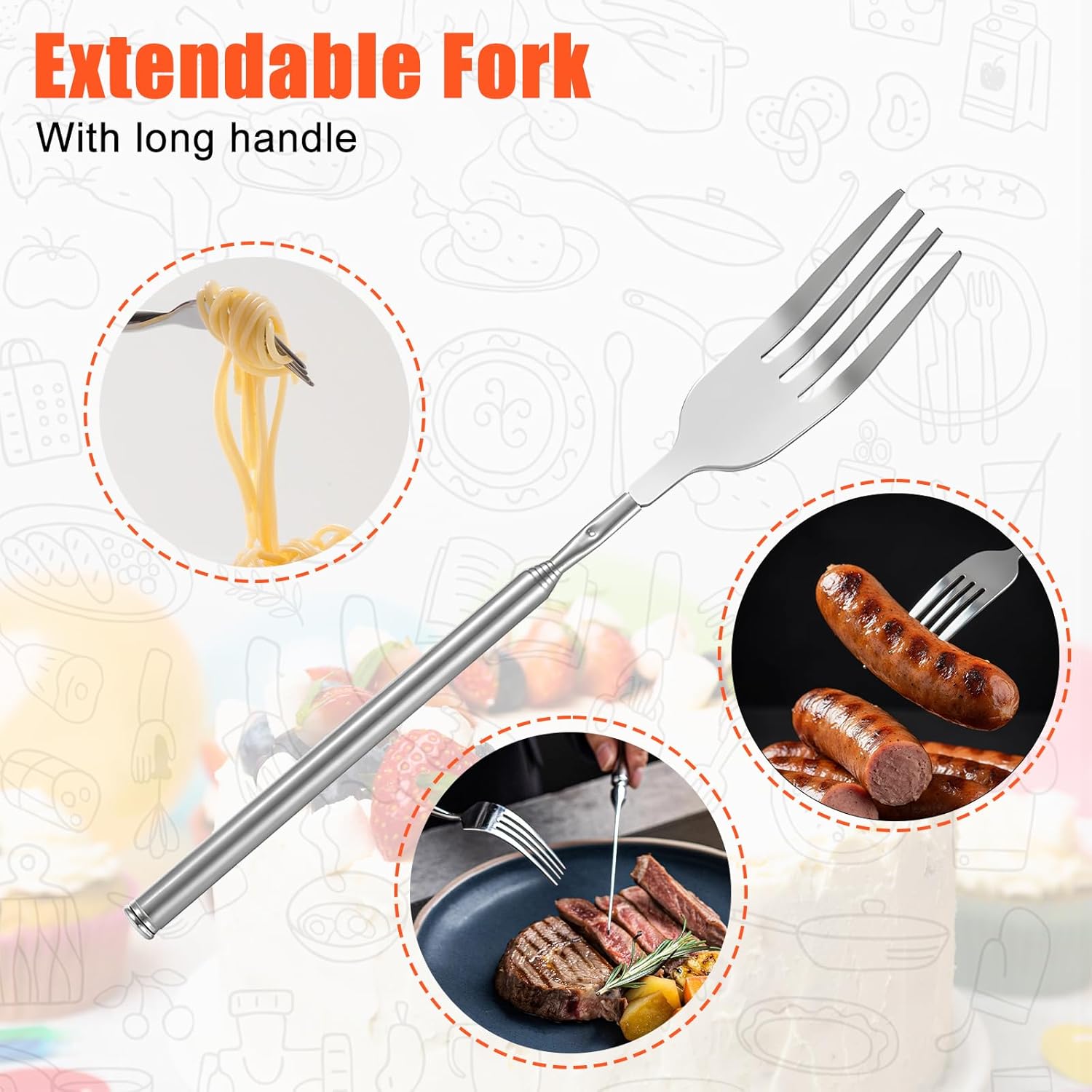 Sibba 2 x Extendable Fork, Telescopic Spoon, 65 cm, Long Stainless Steel Telescopic Fork, Telescopic Spoon, Teaspoon, Coffee Spoon, Cake Forks, Extension Fork, Retractable Fork, Dinner Dessert