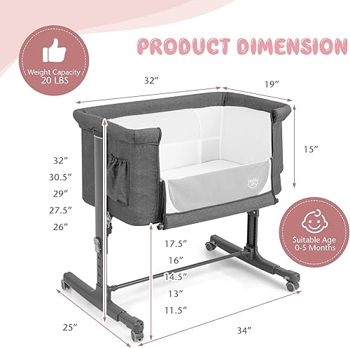 Miniatura 6 de BABY JOY Moisés de noche de moisés cuna plegable 3 en 1 con altura ajustable colchón ruedas con bloqueo bolsillo de almacenamiento y bolsa de