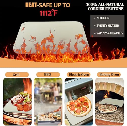 Miniatura 2 de Juego de 4 piedras grandes para pizza para horno y parrilla, piedra de cordierita rectangular de 15 pulgadas con cáscara de pizza (roble) y cortador