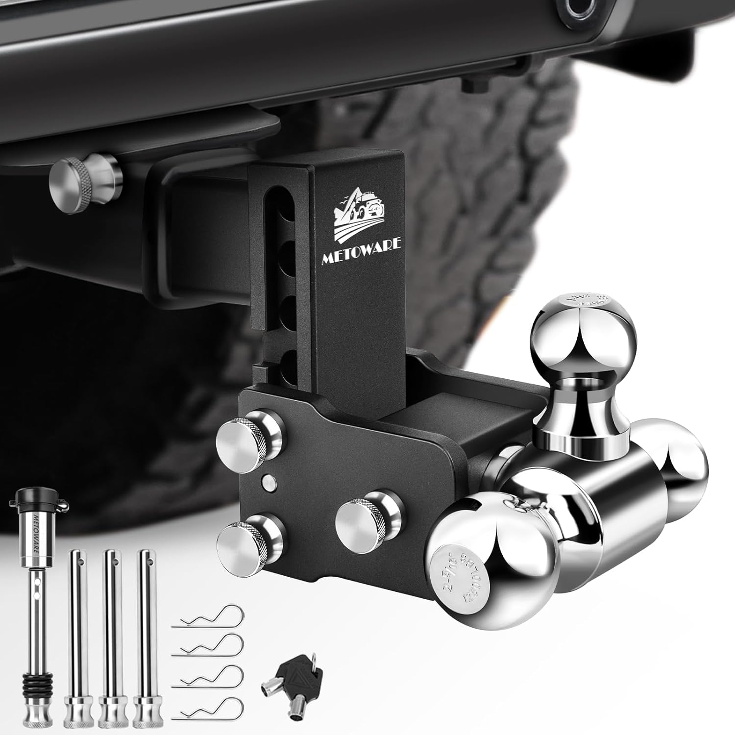 METOWARE Adjustable Trailer Hitch Ball Mount-Fits 2.5" Receiver-Heavy Duty Drop Hitch, Tri-Ball (1-7/8" x 2" x 2-5/16") 4" Drop/Rise, 18,000 GTW and Anti-Theft Stainless Steel Lock