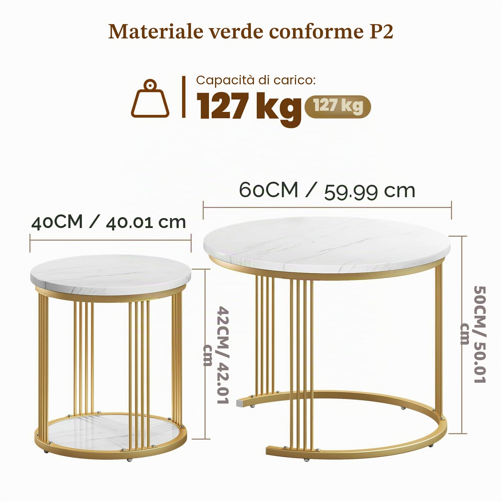 Dripex Set di 2 tavolini rotondi, con vano portaoggetti, telaio in metallo e piano in marmo, tavolino a forma di C per divano, camera da letto, ufficio, bianco
