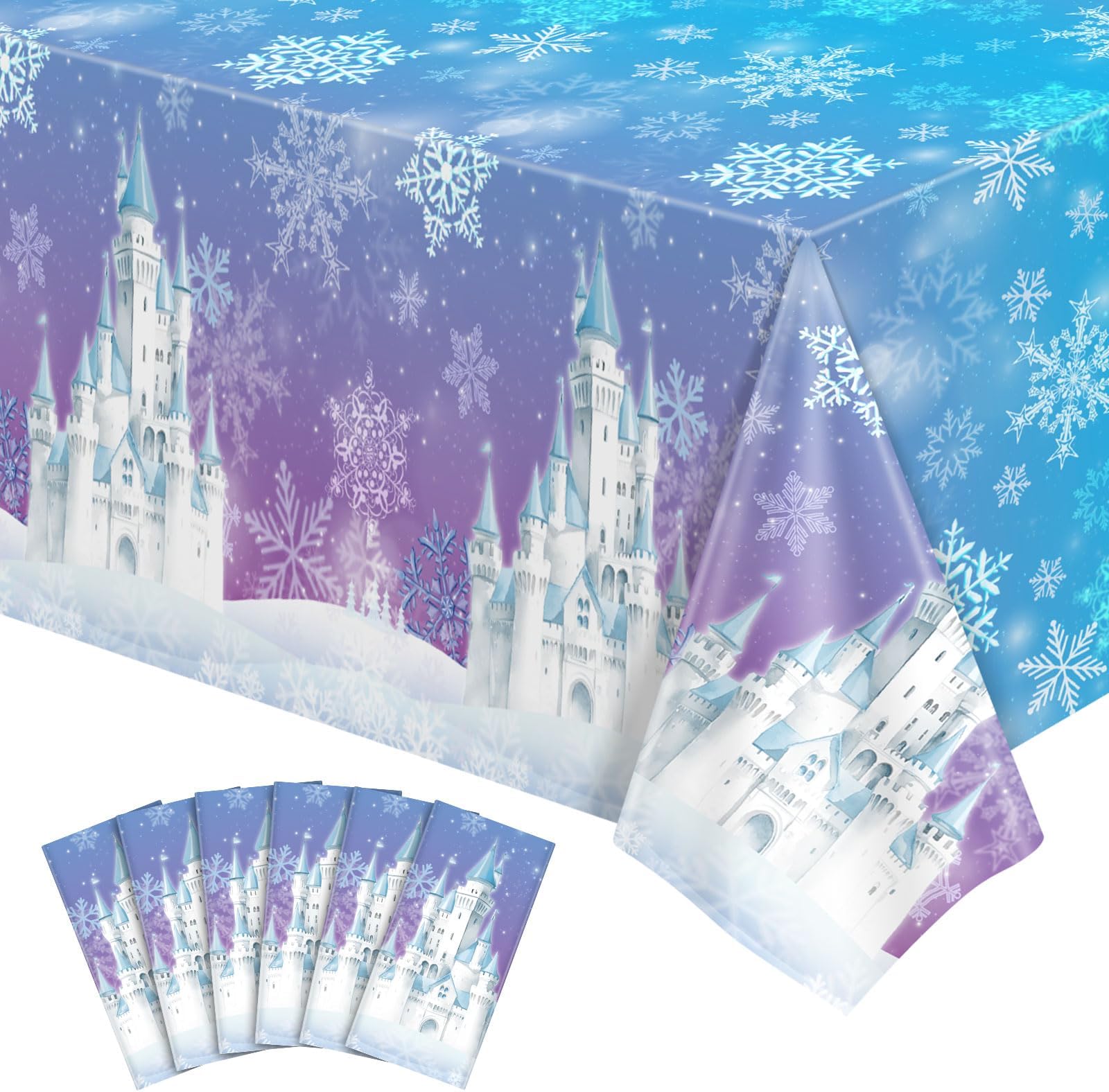 NatNarr 6 Pack Frozen Tablecloth, 54 x 108 Inch Snowflake Plastic Tablecloths Blue and Purple Snowflakes Table Cover, Winter Wonderland Table Cloth for Holiday Frozen Birthday Party Supplies
