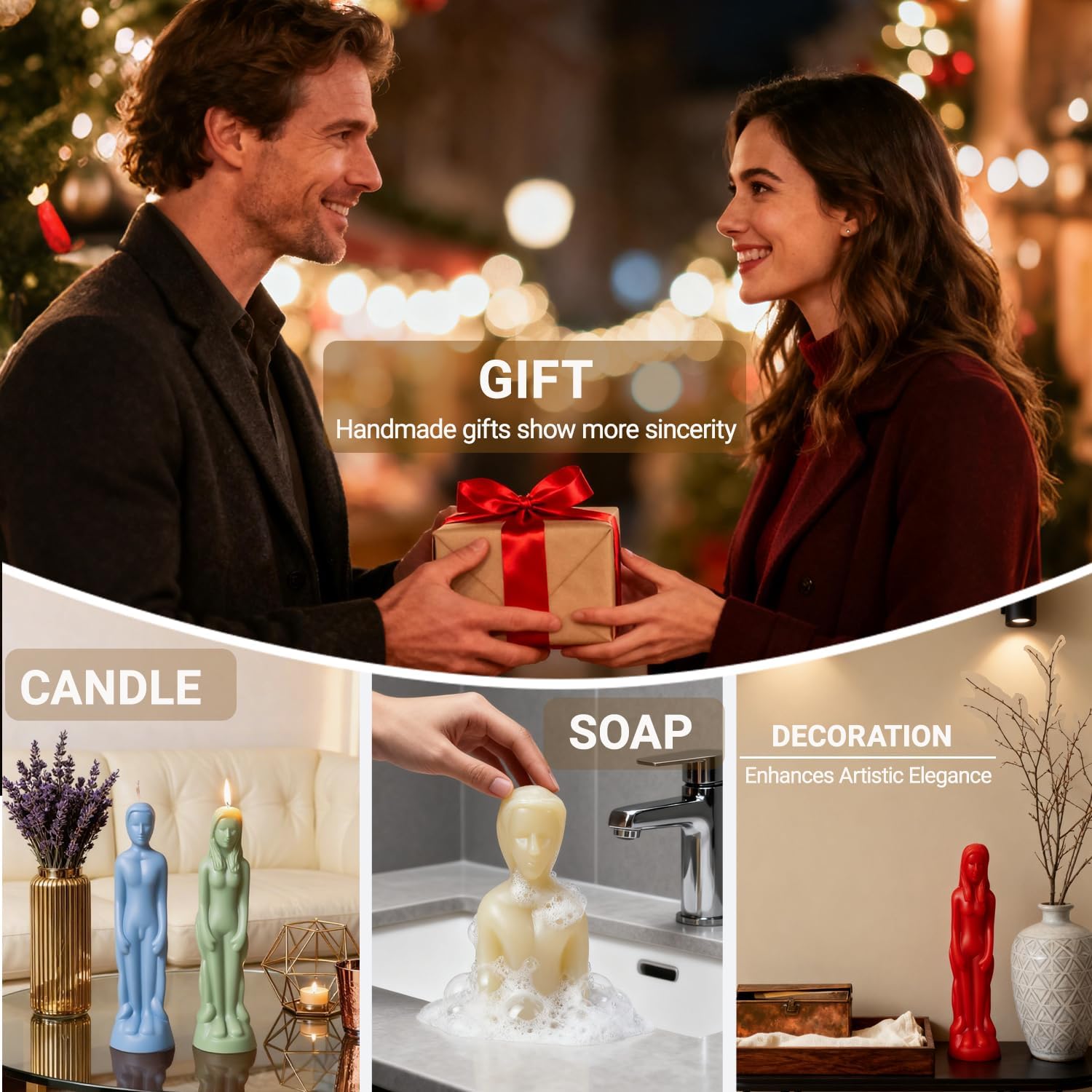 2PCS Candle Mold, Silicone Human Women Men Shaped Candle Molds for Candle Making, Body Candle Molds, Soap Mold, Wedding and Party Ornaments Supplies Home Aesthetic