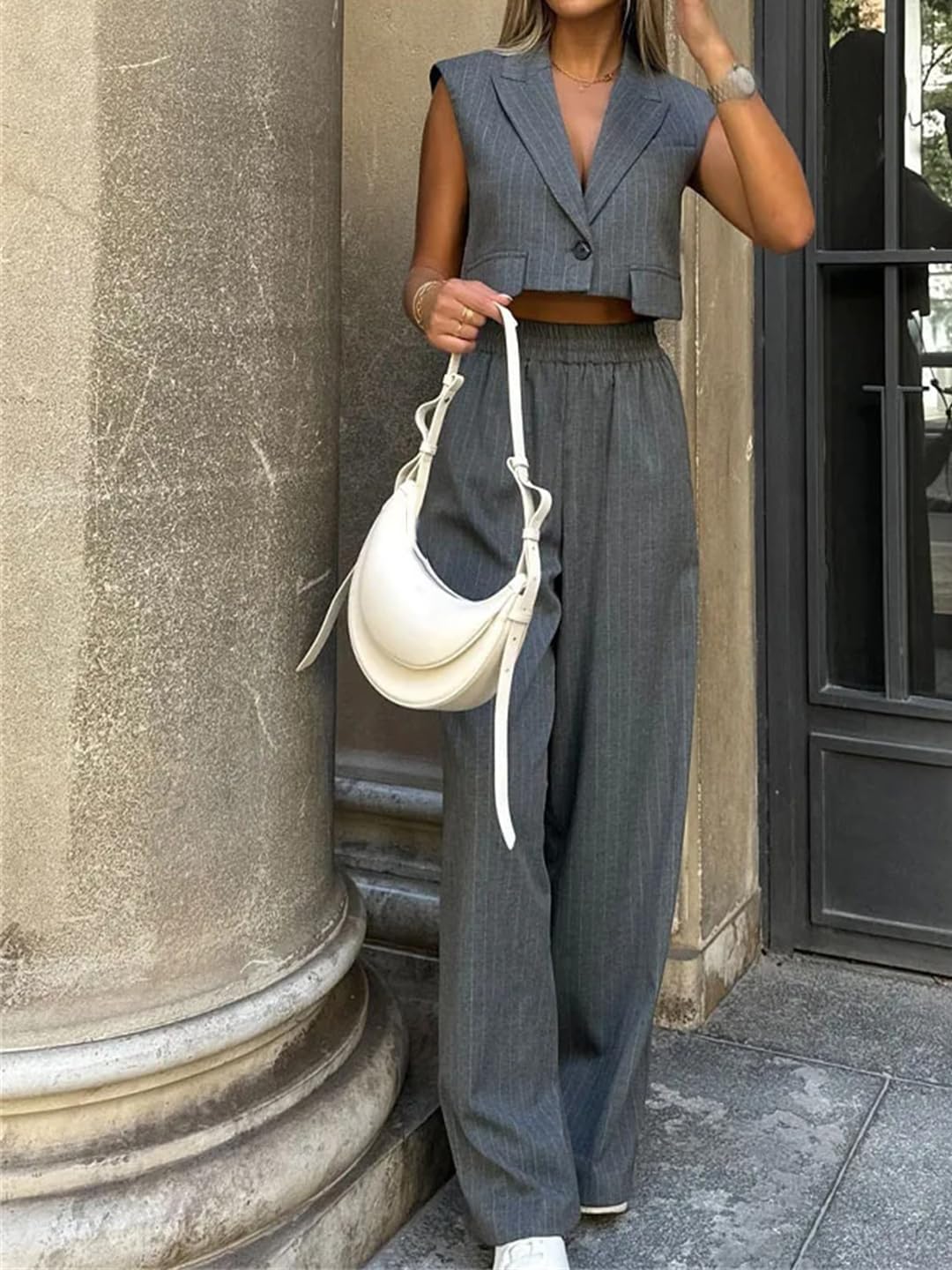 Alloaone 2 Piece Trousers Sets for Women Lapel Sleeveless Short Vest Top + Chic Wide Leg Long Pant