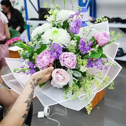 Miniatura 7 de Jutieuo 20 hojas de papel de regalo de flores, suministros de ramo de floristería, papel de regalo floral impermeable con borde blanco con cinta,