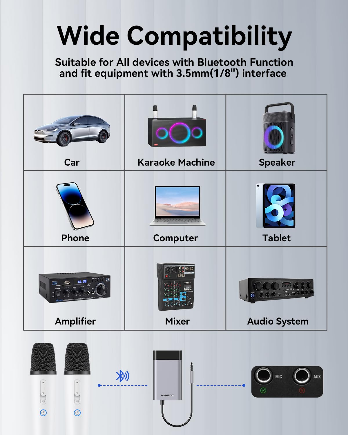Micrófonos inalámbricos Bluetooth con 8 efectos Joy Tune, micrófono recargable de mano con receptor de entrada AUX de 3.5 mm, micrófono de karaoke de coche con bolsa de almacenamiento portátil para