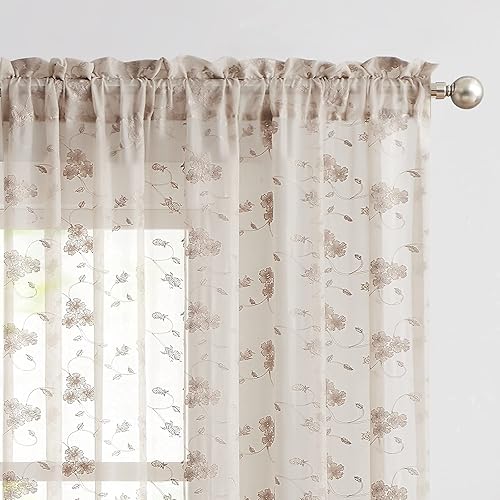 Miniatura 2 de Lazzzy - Cortinas transparentes de gasa bordada con diseño floral