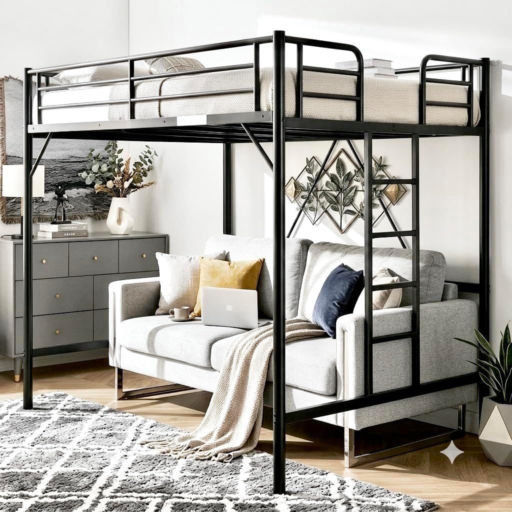 VINGLI 71 Inches Tall Loft Bed Twin Size with Flat Ladder Rung for Kids Teens Adults Heavy Duty Metal Single Bunk Bed Loft with Safety Guard Rails for Small Space, Black