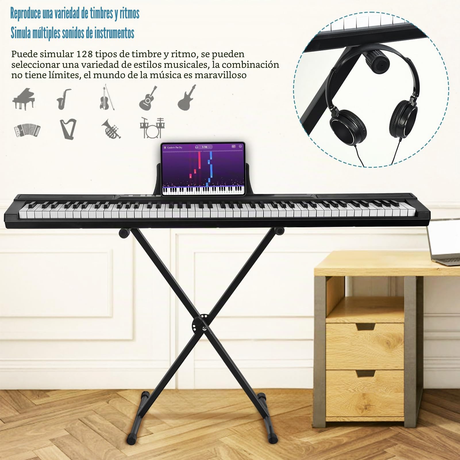 Teclado de piano eléctrico de 88 teclas - Piano eléctrico con teclas semi-pesadas de tamaño completo, pedal de sustain, alimentación, soporte, funda de transporte y auriculares - Perfecto