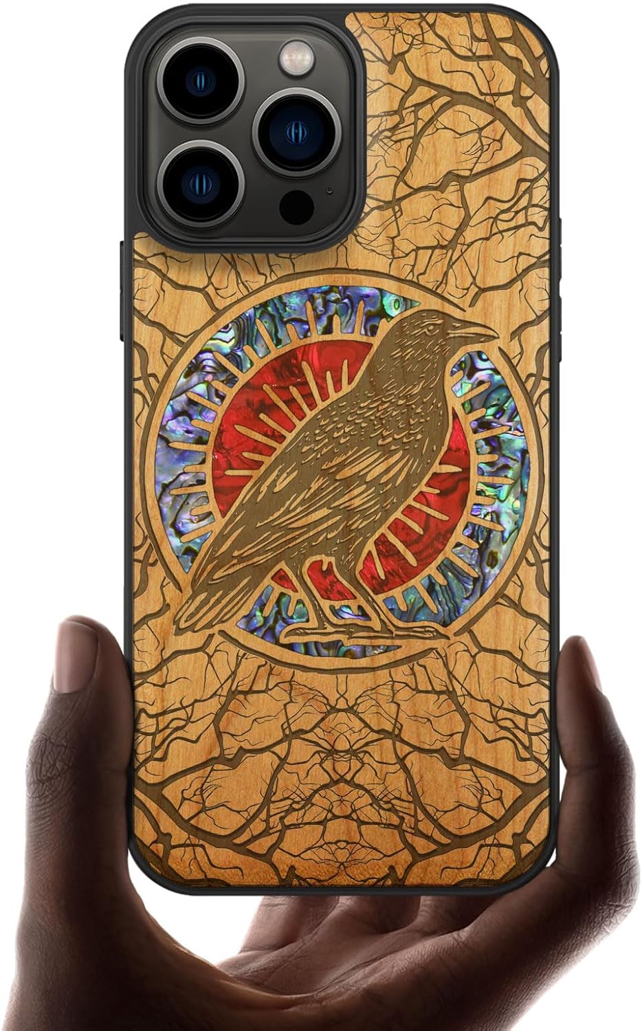 Carveit Designer Wooden Protective Case for iPhone 13 Pro Max Magnetic Cover [Wood Engraving & Shell Inlay] Compatible with 13 Pro Max MagSafe (The Haloed Crow-Blackwood)