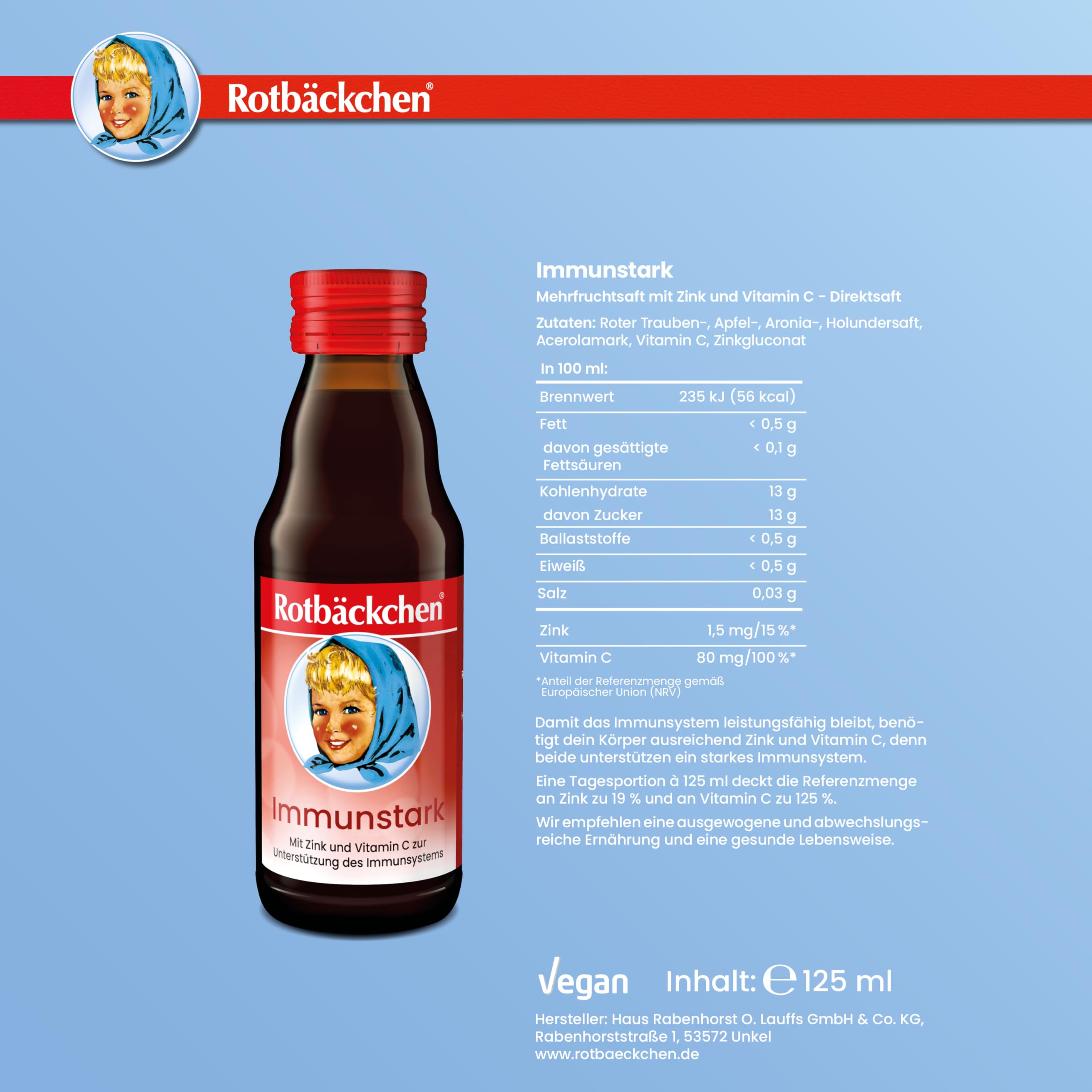 ROTBÄCKCHEN Immunstark MINI 24er Pack (24 x 125 ml) - Mehrfruchtsaft mit Zink und Vitamin C | Mehrfruchtsaft mit Zink und Vitamin C