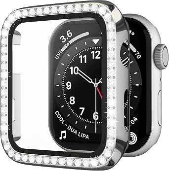 Rhinestone Case Compatible with Apple Watch 40mm Series 6/SE 5 4 with Tempered Glass Screen Protector, Bling Crystal Bumper Hard PC Thin Protective Cover for iWatch, Women, Men, Silver