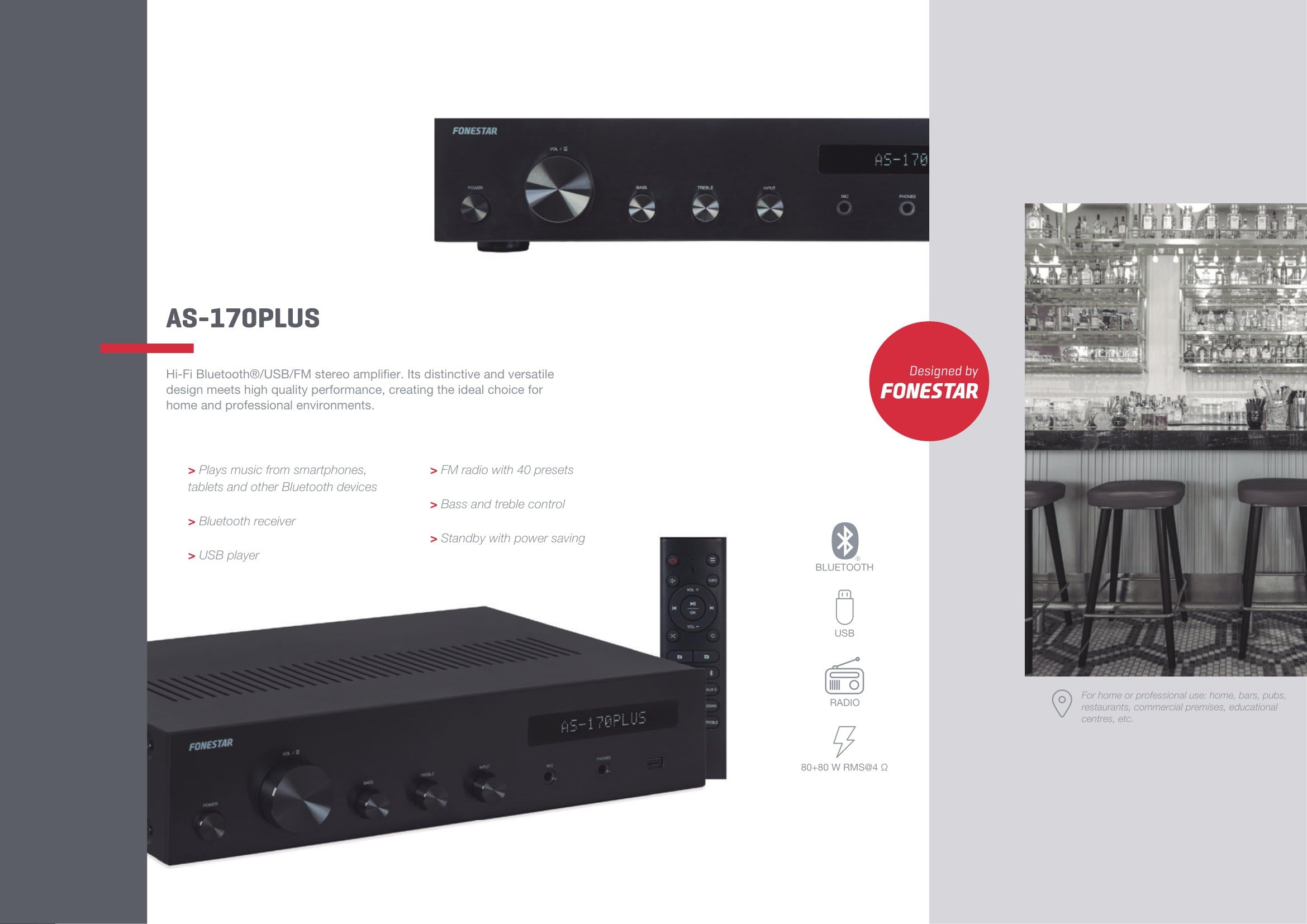 Amplificador Estéreo Bluetooth®/USB/FM