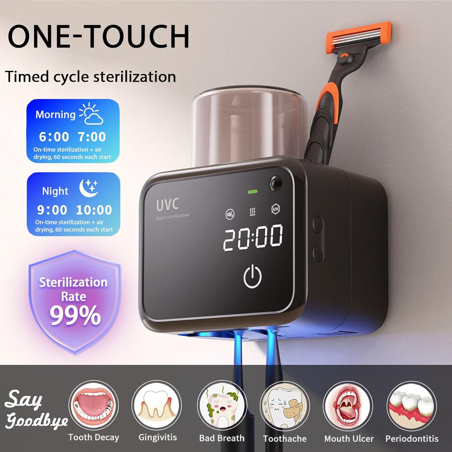 Bathroom Toothbrush Holders-2 Slots 1 Cup,Electric Toothbrush Holder with Constant Temperature Drying, Timed Cleaning, Air Drying, Rechargeable Wall-Mounted Toothbrush Holder with 4000mAh (Black) - Image 5