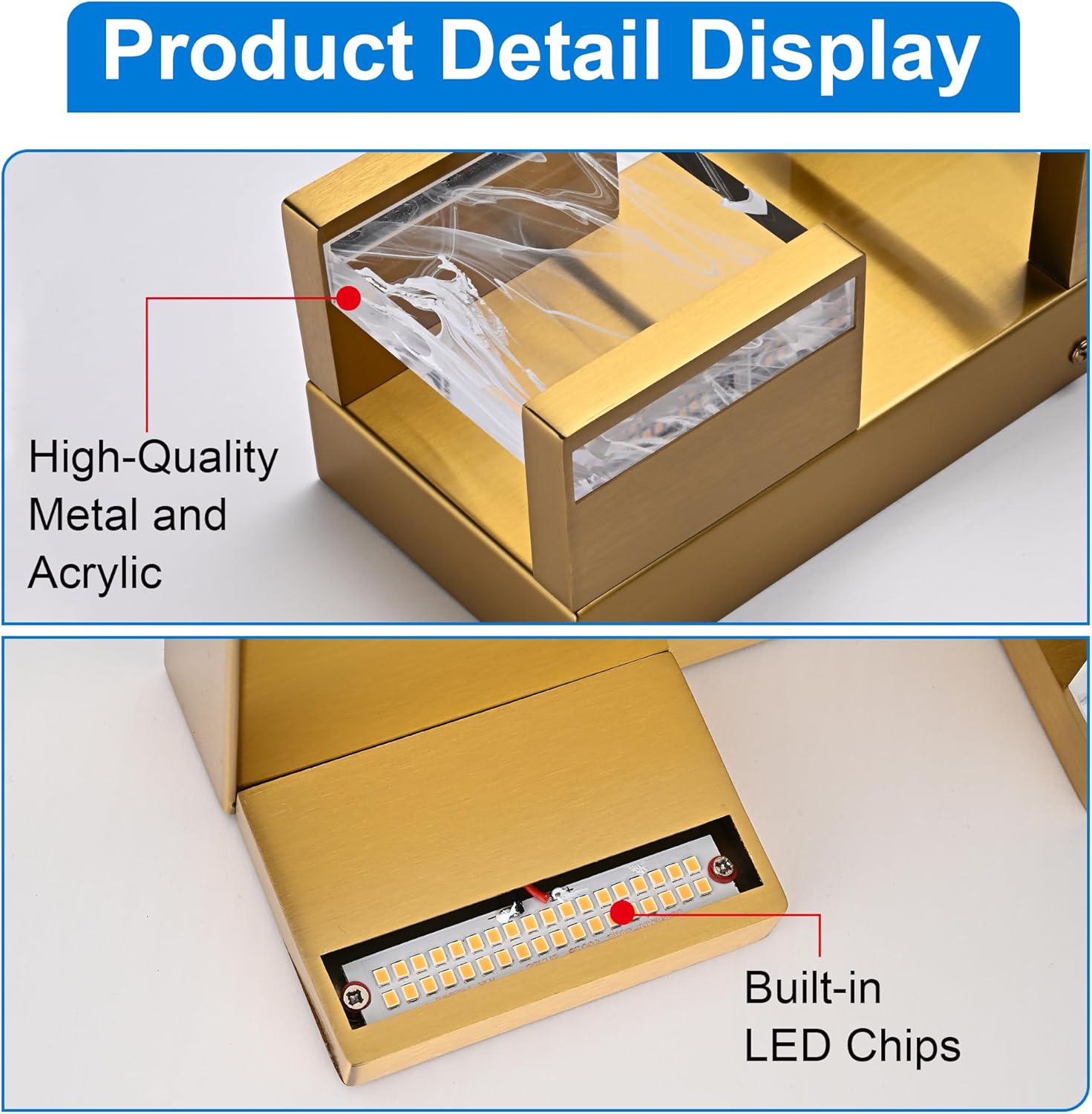 MELUCEE LED Bathroom Lighting Fixtures Over Mirror 25W 3000K Warm Lighting, 5 Lights Brass LED Vanity Lighting Bar with Unique Smoke Acrylic Panel, Wall Sconces for Bath Powder Room Entryway