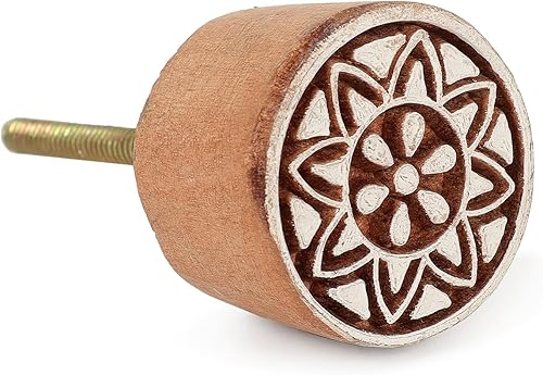 Hashcart Pomos de madera florales para gabinetes, 6 pomos de madera hechos a mano para armarios y cajones, pomos de madera para cajones de tocador,