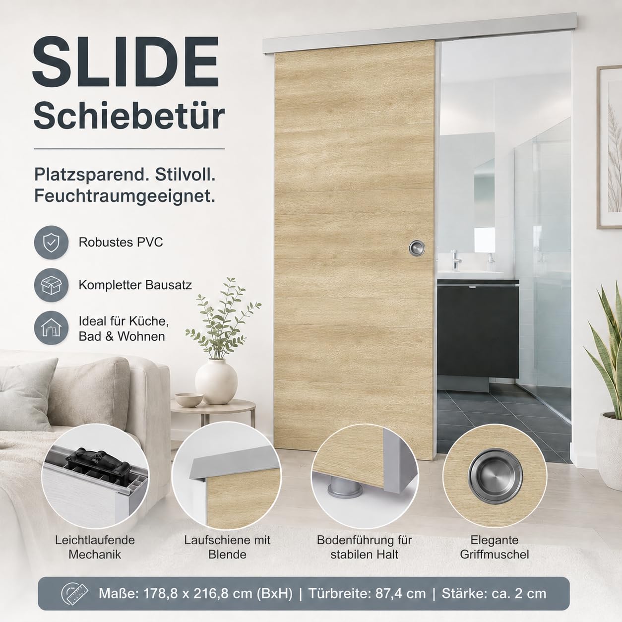 Ondis24 SLIDE Porte coulissante pour appartement avec rail le long du mur, séparateur de pièce intérieur avec rail, système de porte coulissante, séparateur de pièce avec guide au sol, 93 cm, beige