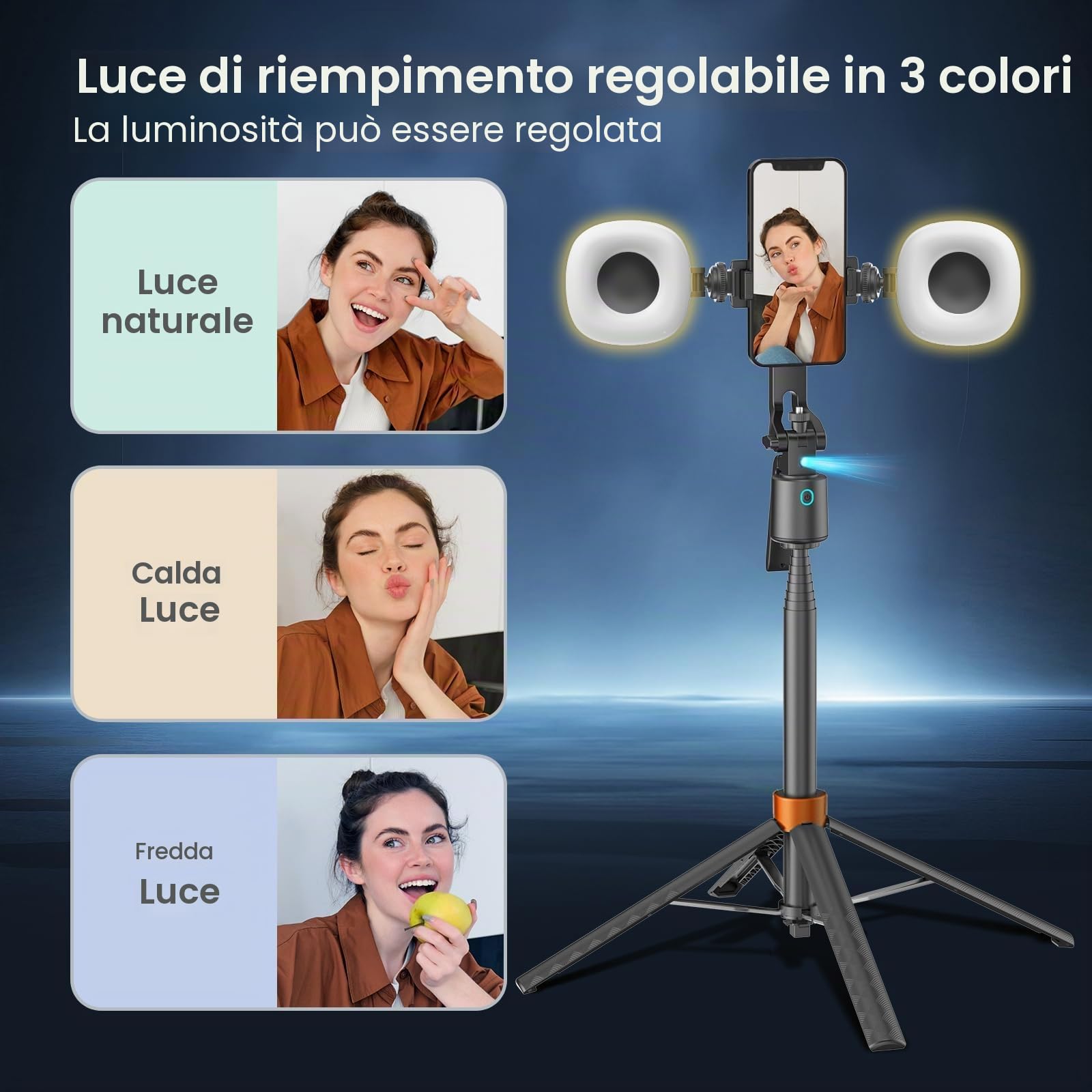 Treppiede per selfie da 178 cm, rotazione a 360 gradi per iPhone, senza app, riprese video e streaming (con luce di riempimento)