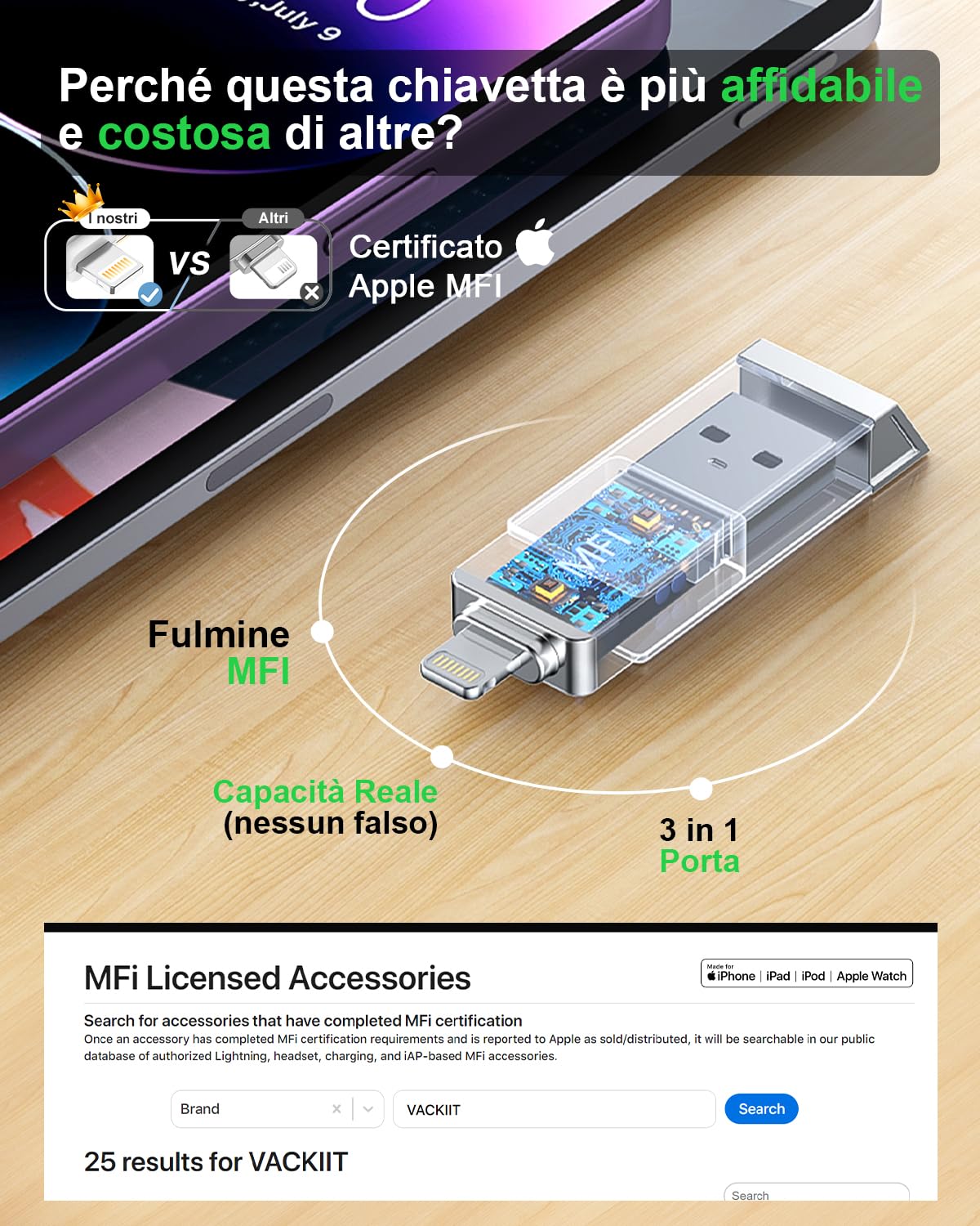 Chiavetta USB 256 GB per iPhone Apple Certificato, Vackiit Chiavetta USB C Lightning Chiave USB 3.0 Photo Stick Archiviazione Esterna per iPad Mac iOS OTG Android Mobile PC con MFI Lightning, USB 3.0