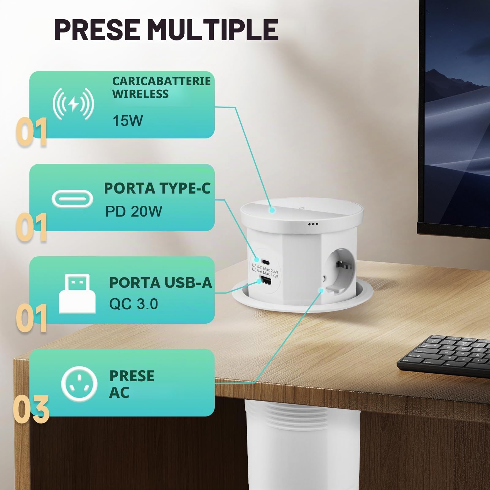 Presa a scomparsa a 3 prese con 1 USB C, 1 USB-A, piano di lavoro da cucina, presa da tavolo a scomparsa con caricatore senza fili, cavo da 1,5 m, per ufficio, cucina, presa da incasso (bianco)