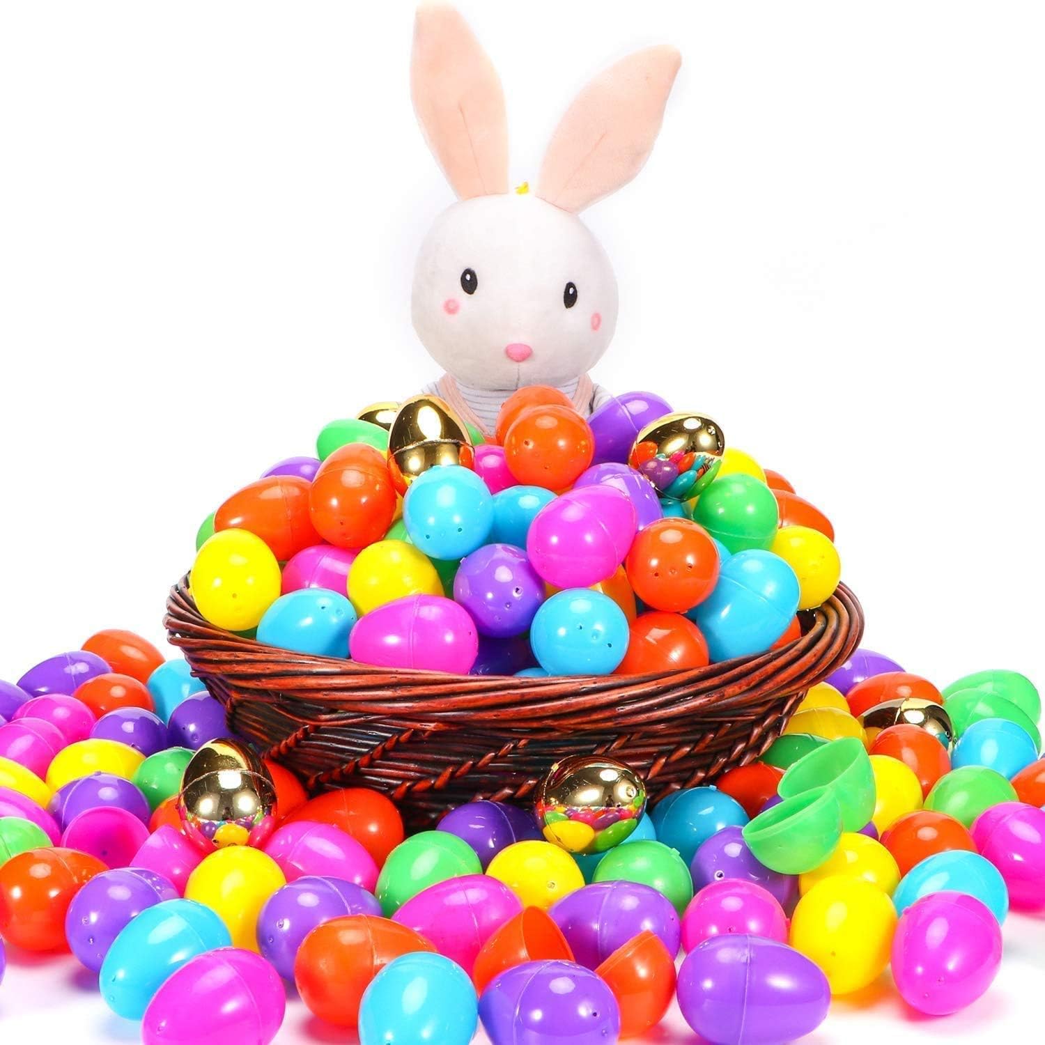 YEAHBEER 150 Easter Eggs, 2.36" Bright Colors Plastic Easter Eggs Empty Include 6 Golden Eggs for Easter Hunt,Filling Treats, Basket Stuffers, Party Favor (150 Pack)